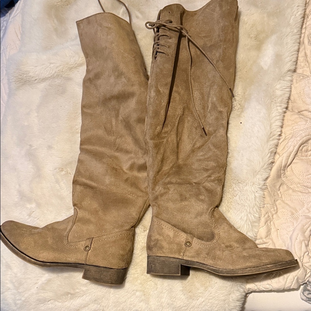 Tan Man made Suede like Knee-High Boots